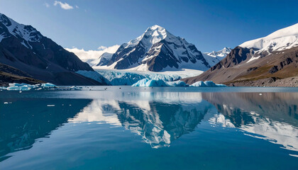 A Majestic Glacier and Snow-Capped Mountain Reflected in a Serene Glacial Lake