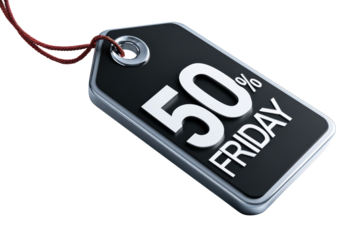 Discount tag showing fifty percent off on Friday