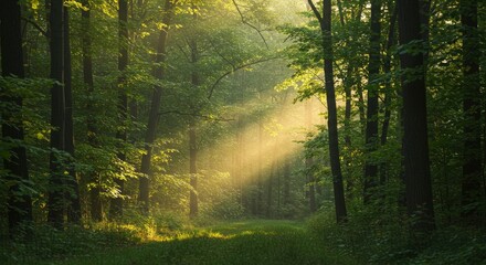 Fototapeta premium Forest landscape with trees and sunlight