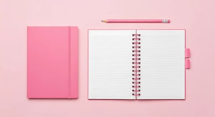 Pink hardcover notebook with open blank notebook on light pink top view. Textbook cover mockup