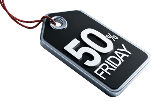 Discount tag showing fifty percent off on Friday