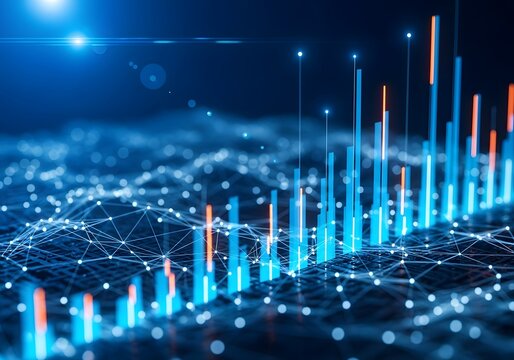 Abstract digital data visualization with growing bar chart and network connections