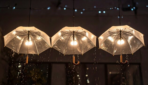 Three glowing umbrella-shaped light fixtures hang in the rain, each with warm bulbs beneath transparent canopies—blending surreal design with poetic ambiance in a dreamy outdoor installation.