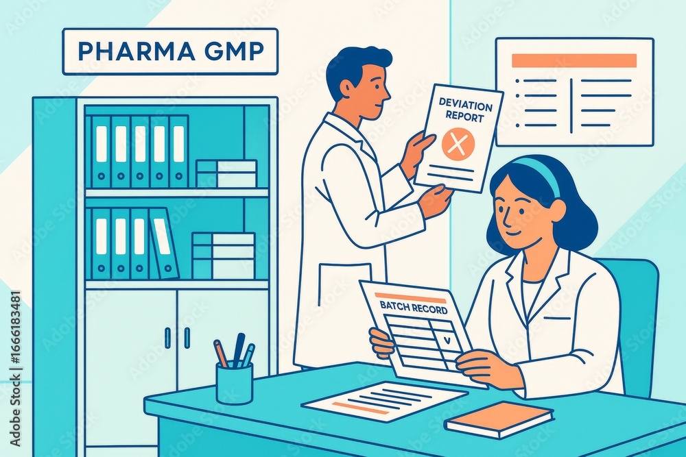 Poster pharmaceutical quality control team reviewing documents in gmp environment with light abstract backg