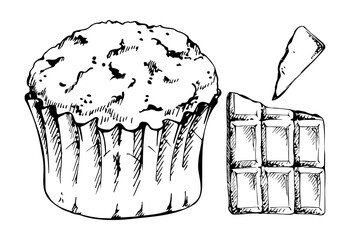 Vector ink homemade muffin cupcake in waxed ruffled paper wrap with broken chocolate bar chunks, cocoa chips. Hand drawn isolated illustration for culinary recipe layouts, event decor, bakery tags.