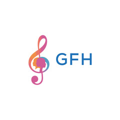 Fototapeta premium GFH “Creative music logo with human silhouettes and treble clef in gradient colors, GFH Later Logo, modern artistic design isolated on white background” 
