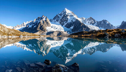 Fototapeta premium A Majestic Snowy Mountain Range with a Clear Reflection in a Serene Alpine Lake