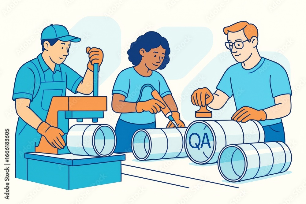Poster team of factory workers collaborating on quality assurance and production process in industrial sett