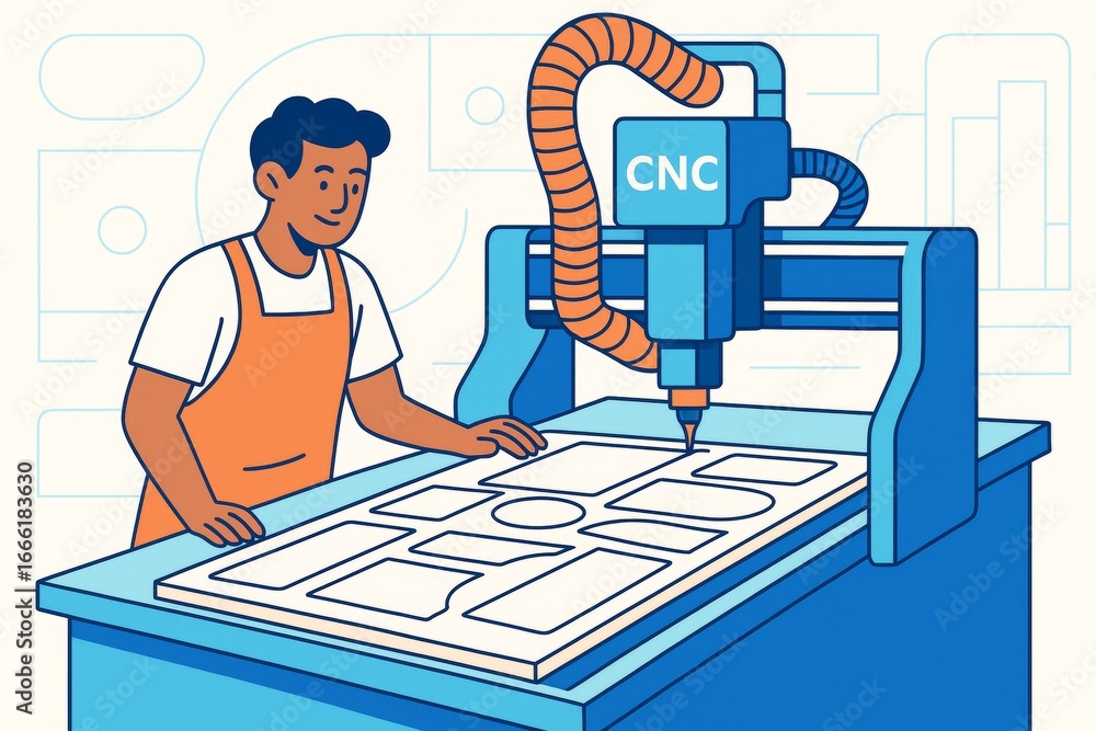 Poster worker operating cnc machine cutting shapes in sheet material inside industrial workshop with abstra