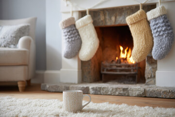 cozy living room featuring roaring fireplace adorned with ultrabright winter socks hanging from mantel