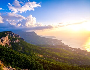 Obraz premium Mountainous landscape at sunset over the sea