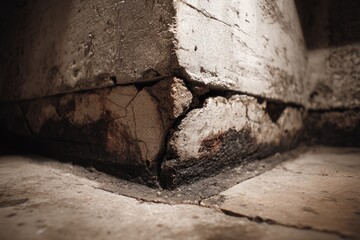 Damaged concrete corner, cracked foundation