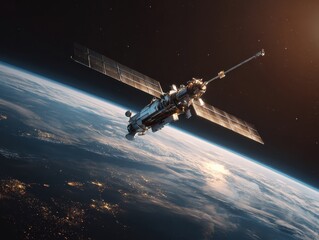 Obraz premium Sleek High-Tech Artificial Satellite Orbiting Earth Amid Twinkling Stars