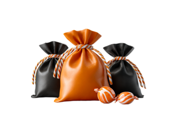 Colorful gift bags with striped candy on display