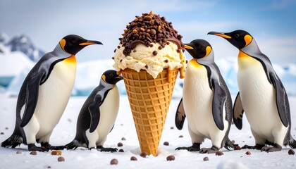Fototapeta premium Three emperor penguins curiously inspect a giant caramel-drizzled ice cream cone on snowy terrain, with icy mountains behind—blending surreal whimsy with arctic wildlife in a playful scene.