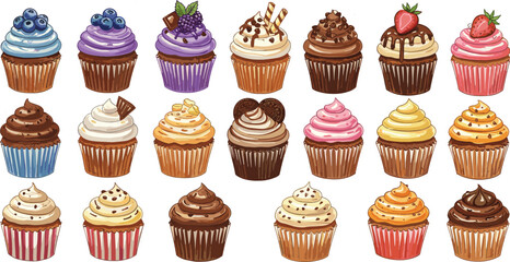 Watercolor cupcake set, assorted cupcakes, colorful desserts, sweet treats, hand-painted bakery art, cute pastry clipart, gourmet muffin illustration