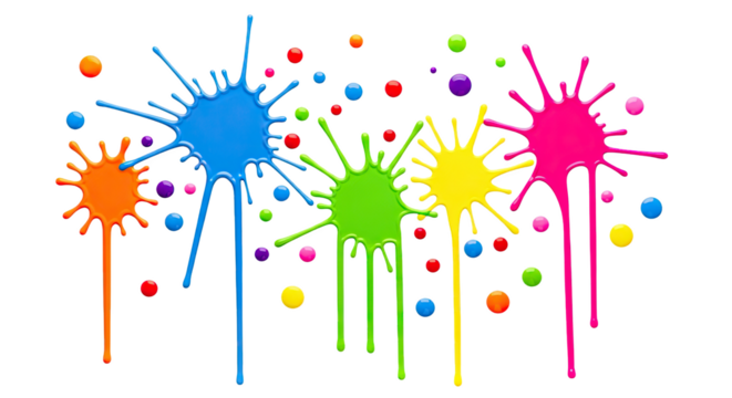 Colorful abstract paint splatters and drips in various bright neon colors isolated on transparent background