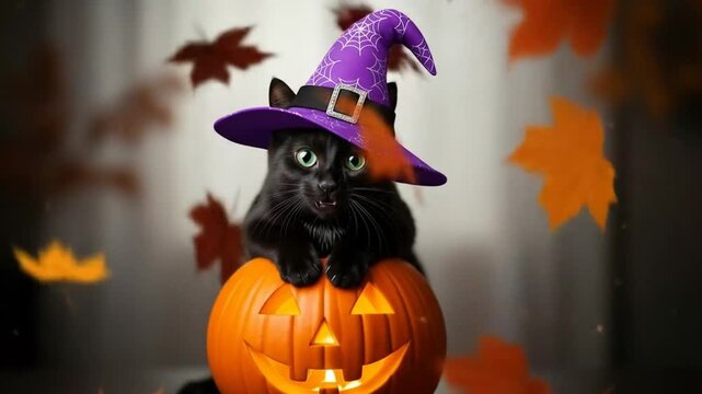 Cat witch hat pumpkin halloween