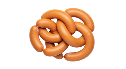 A tangled cluster of uncooked pork sausages tied together in a knot isolated on transparent background