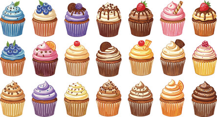 Watercolor cupcake set, assorted cupcakes, colorful desserts, sweet treats, hand-painted bakery art, cute pastry clipart, gourmet muffin illustration