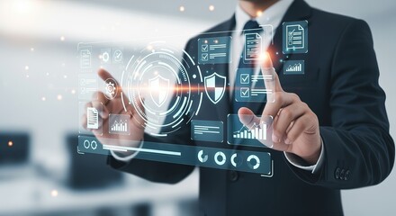 Businessman interacting with a futuristic digital interface showcasing security and data protection concepts in a modern office environment