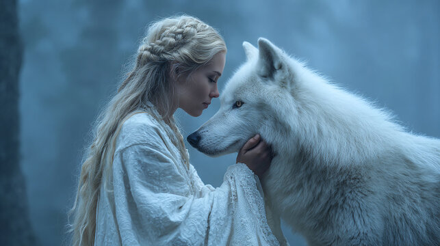Blonde Woman and White Wolf: A moment of serene connection between a woman with braided hair and a majestic white wolf in a misty forest backdrop.