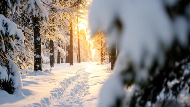 Winter sun path through snowy forest