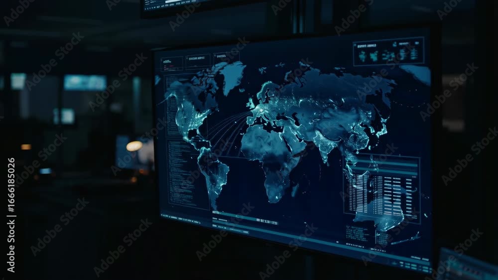 Poster global surveillance system monitoring world map on multiple screens
