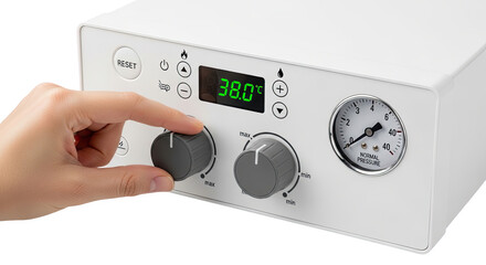 Close up of a human finger adjusting a knob on a white control panel with digital display and gauge isolated on transparent background