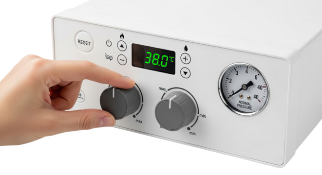 Close up of a human finger adjusting a knob on a white control panel with digital display and gauge isolated on transparent background
