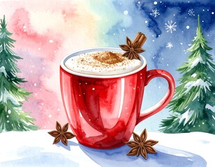 A charming watercolor illustration of a warm drink in a red mug, accented by wintery scenery and spices.