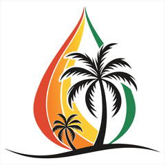 Palm Tree Vector.  Palm Tree Beach Wave Vector. Tropical Island Drop Logo. Island Resort Logo in Water Drop Shape. Palm Tree Design. 