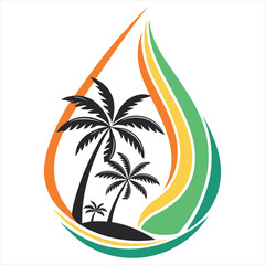 Palm Tree Vector.  Palm Tree Beach Wave Vector. Tropical Island Drop Logo. Island Resort Logo in Water Drop Shape. Palm Tree Design. 
