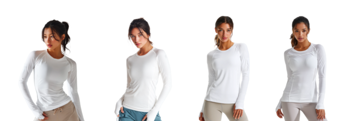 Fashion model posing in activewear, isolated on transparent background, png set