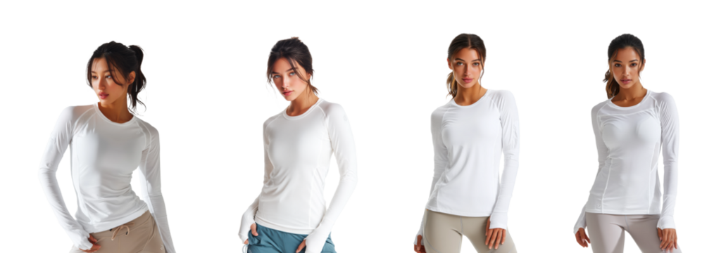 Fashion model posing in activewear, isolated on transparent background, png set