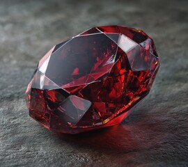 Large faceted red gemstone shining on dark background