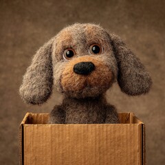 Cute puppy toy peeking out of cardboard box