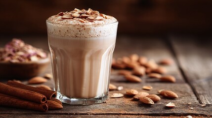 Creamy cinnamon drink topped with sliced nuts. Served cold or hot in a tall glass. Enjoy delicious flavors!