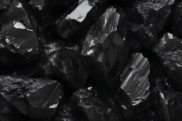 Naklejka premium A close-up of a pile of black coal with an impressive, lustrous texture. The coal chunks are arranged in a haphazard manner, emphasizing their irregular shapes.