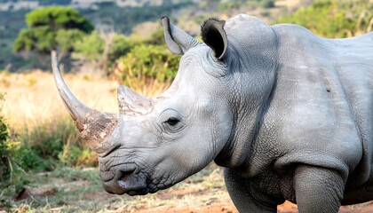 Obraz premium Close-up of a large, gray rhinoceros in a grassy savanna setting, showcasing its distinctive horn and textured skin.