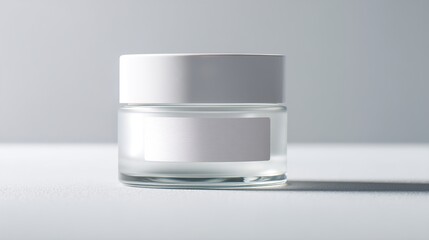 Small glass jar with white label for branding mockup on gray background