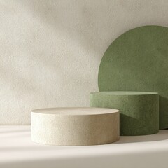 Empty cylinder podiums for cosmetics product presentation displaying soft sunlight on textured wall