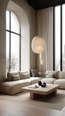 Modern minimalist living room interior with beige sofa and designer lamps