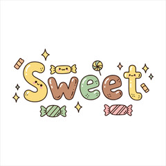 Fototapeta premium Kawaii sweet candy lettering with smiling faces and sparkling stars cute