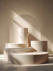 Sunlight illuminating empty space with beige pedestal display