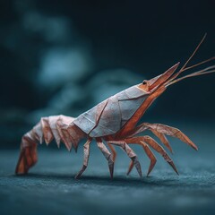 Origami shrimp standing on dark surface with folded paper legs and antennae