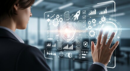 Professional Touching Interface Tech-Savvy Businesswoman Navigating Digital Innovation in a Modern, Futuristic Workspace
