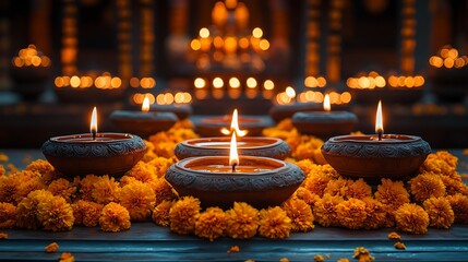 Close up of lit clay oil lamps surrounded by orange marigold flowers diwali diya