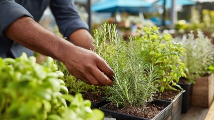 Tending to herbs in a nursery, carefully nurturing young rosemary and basil plants in small containers, a gentle hand ensuring healthy growth.