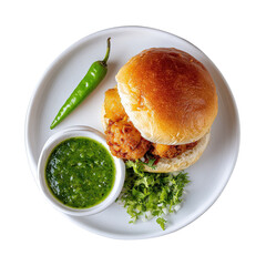Mumbai vada pav Indian street food, isolated on white background.